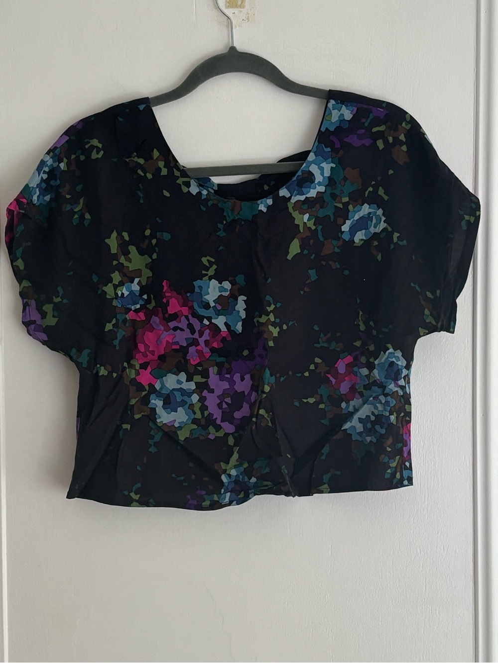 Fire Los Angeles Black Floral Crop Top with Pink, Purple & Blue Accents